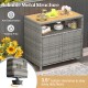 Rattan storage cabinet with acacia wood countertop, featuring a 3.5" clearance, ideal for poolside or patio storage.